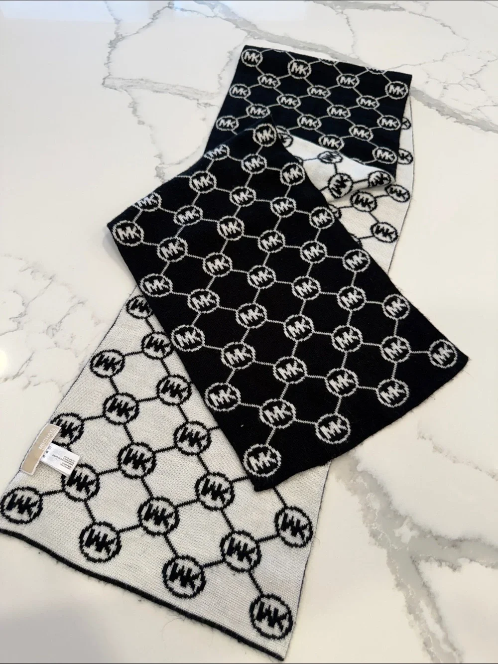Michael Kors Black & White MK Logo Knit Scarf