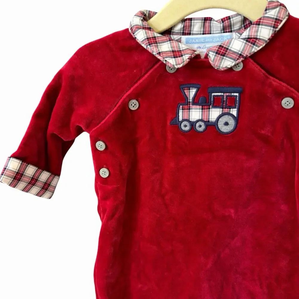 Janie and Jack Baby Boy Heirloom Red Velvet Holiday Romper Train Plaid 0-3 Month