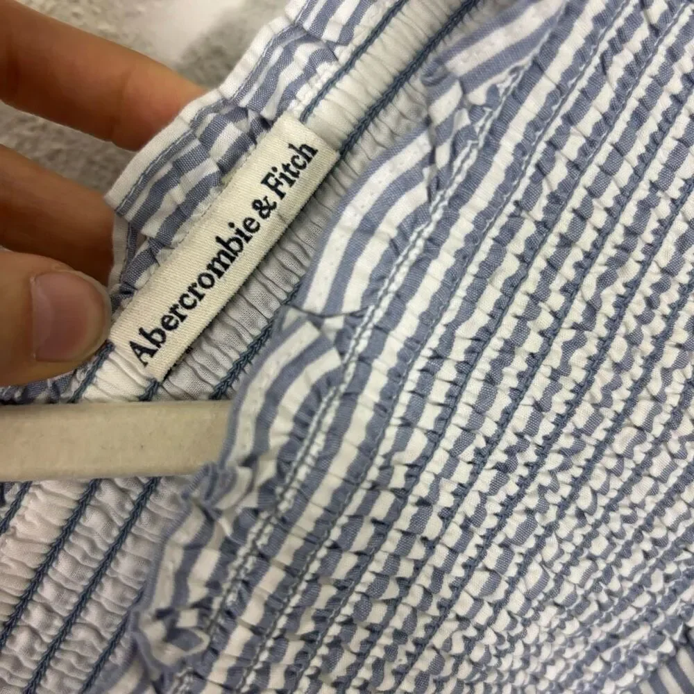 Abercrombie & Fitch Light Blue & White Striped Smocked V Neck Puff Sleeve Top M