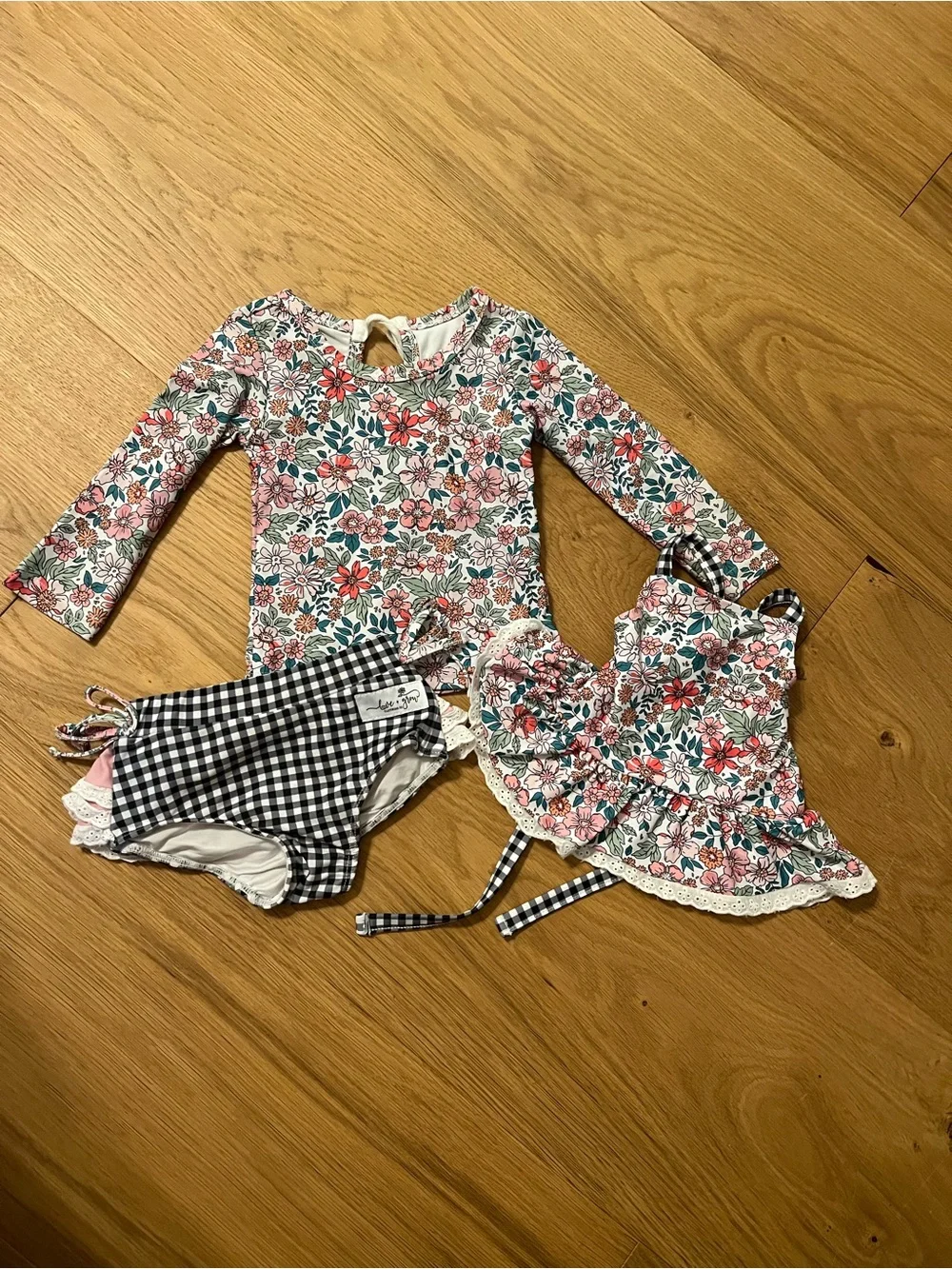 Girls Floral Rash Guard Set with Gingham Bikini Bottoms