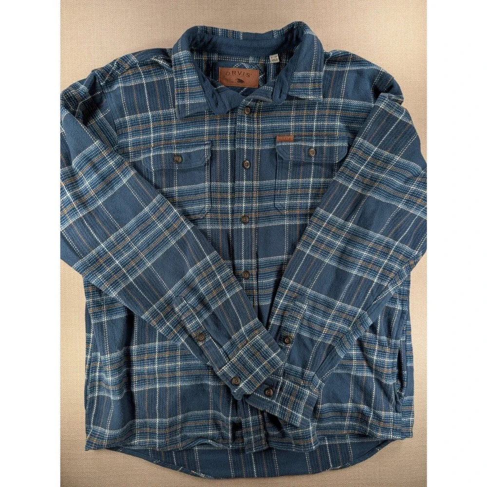 Orvis Mens Blue Plaid Flannel Shirt Jacket Fleece Lined Collar XL Cotton Shacket