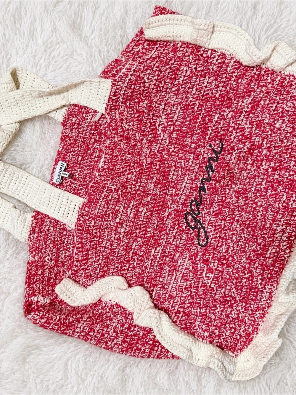 Ganni Red & White Marled Knit Tote with Matching Bucket Hat
