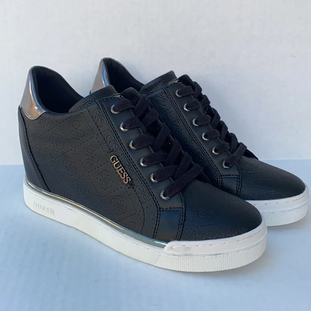 New Guess Womens Flowurs Logo-Debossed Wedge Sneakers Black Multi SZ 9