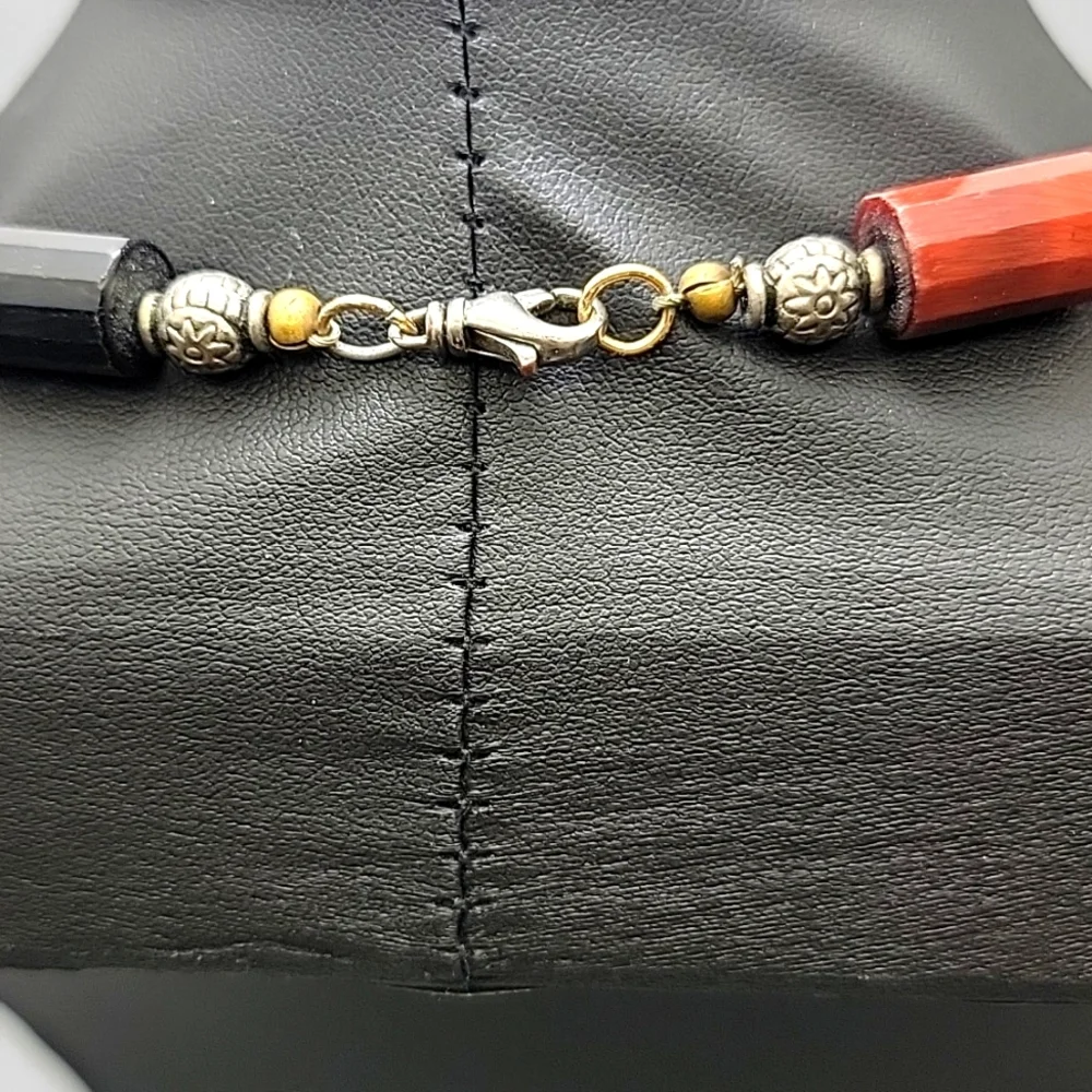 Red Yellow Blue Faceted Tiger Eye Tube Bead Silver Gold Tone Beaded Necklace