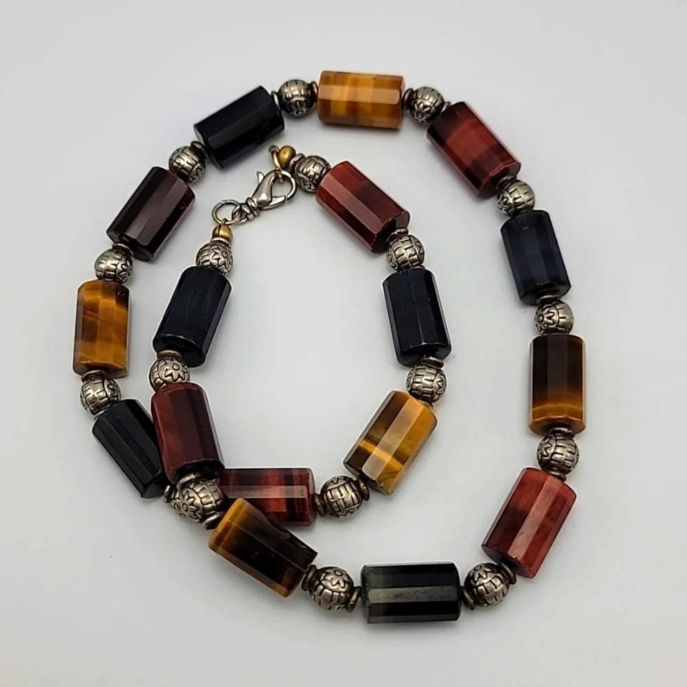 Red Yellow Blue Faceted Tiger Eye Tube Bead Silver Gold Tone Beaded Necklace