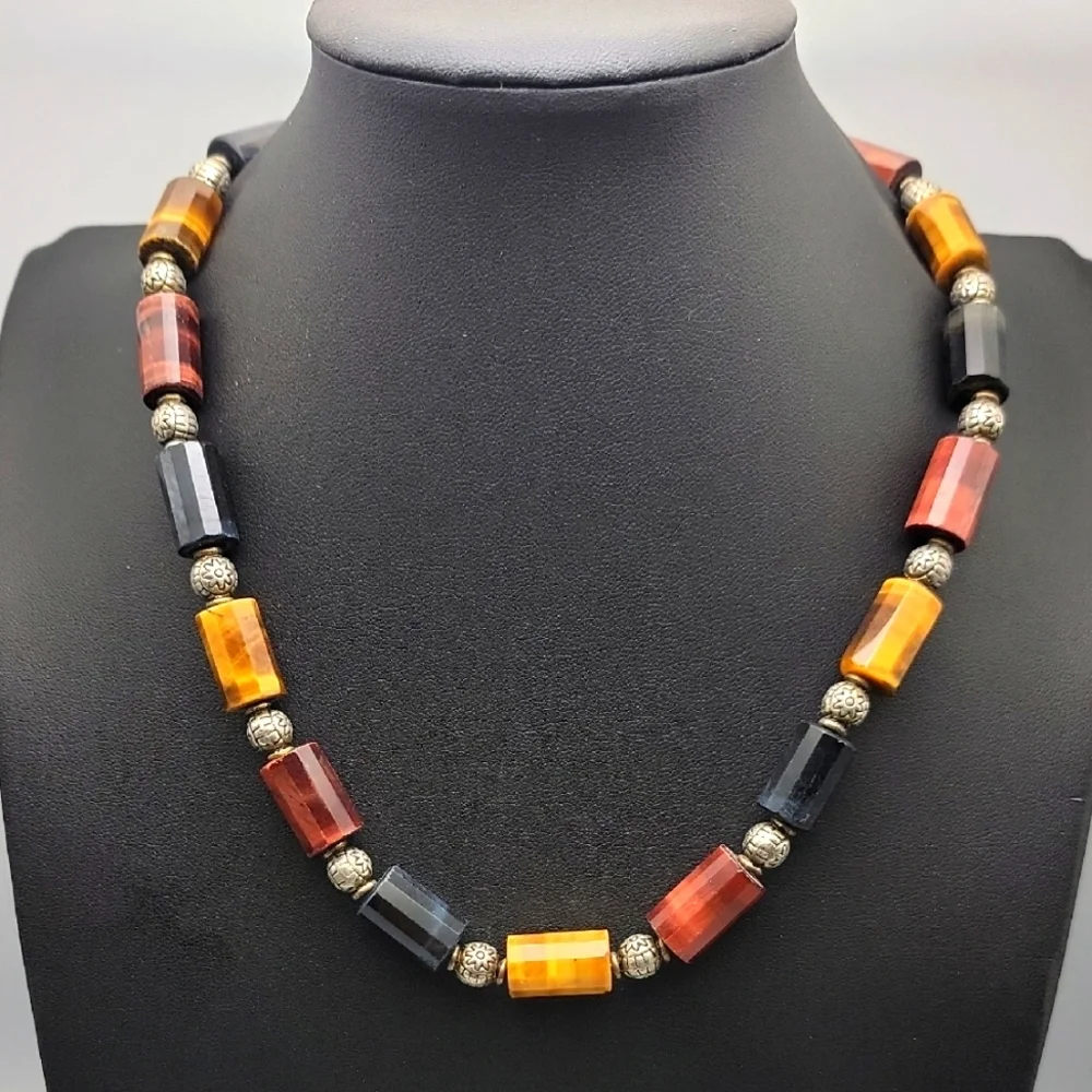 Red Yellow Blue Faceted Tiger Eye Tube Bead Silver Gold Tone Beaded Necklace