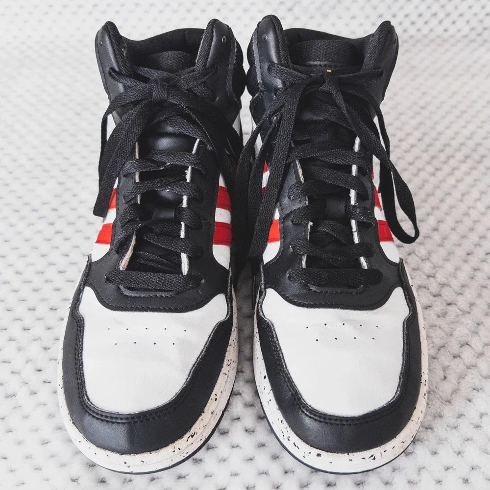Adidas Hoops 3.0 Mid Sneakers Mens Size 6 White Black Red Speckled Basketball
