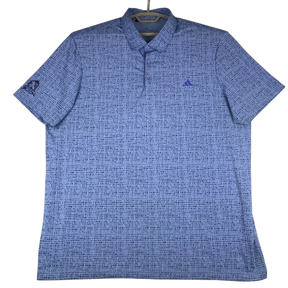 Adidas Golf Polo Shirt Mens 2XL Blue Geometric Dash PLCC Logo Stretch Short Slv‎
