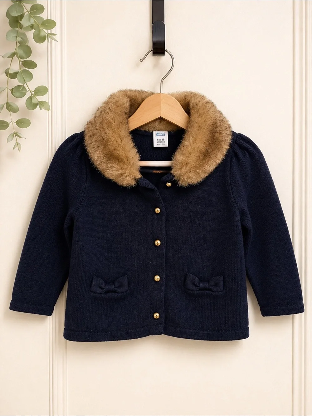 Janie and Jack Faux Fur Collar Cardigan Sweater | 6–12 Months | Navy Blue