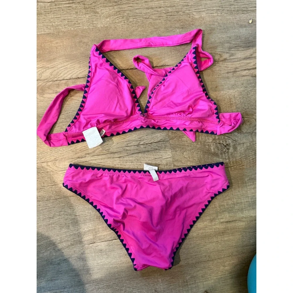 Lucky Brand Swim Womens Hot Pink Navy Scallop Trim Halter Bikini Set Size Medium