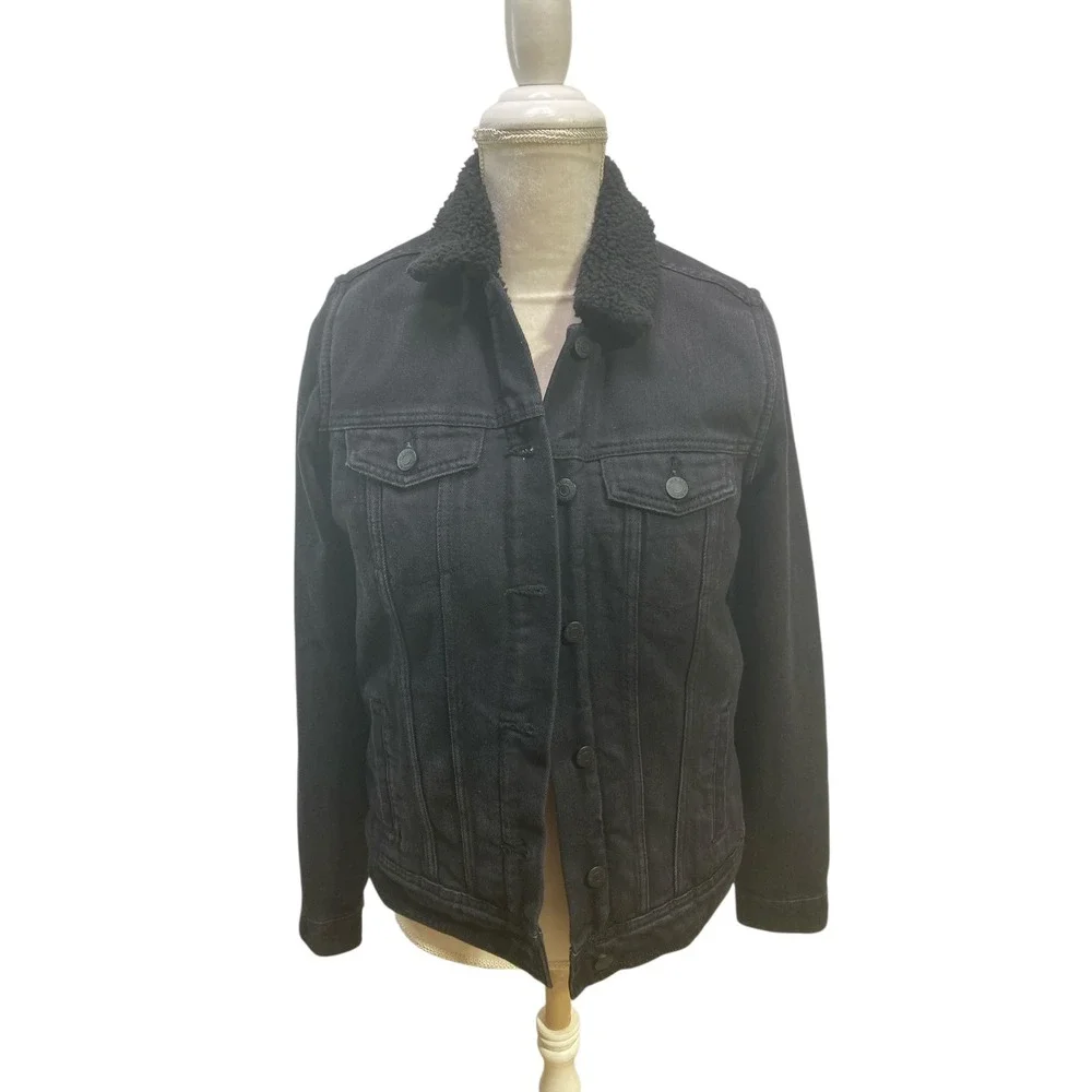 Old Navy Black Denim Jacket Sherpa Lined Tall Size‎ S Winter Button Front