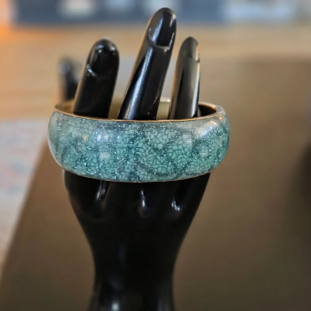 Vintage Teal‎ Crackle Glitter Bangle Bracelet Brass Wide Statement Boho