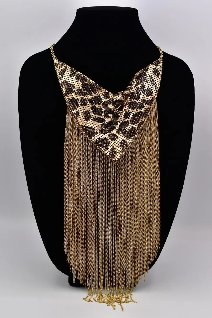Vintage Chainmail Bib Collar Necklace Fringe Multi-Chain Leopard Gold 70s BinBL