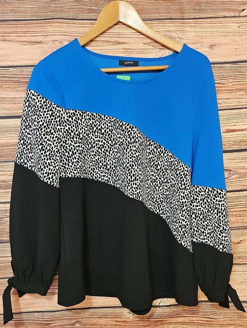 Alfani Blue, Black & White Colorblock Blouse with Animal Print