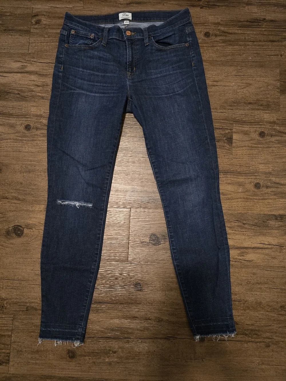 J. Crew Dark Blue Toothpick Skinny Jeans with Distressed Knee And Hem