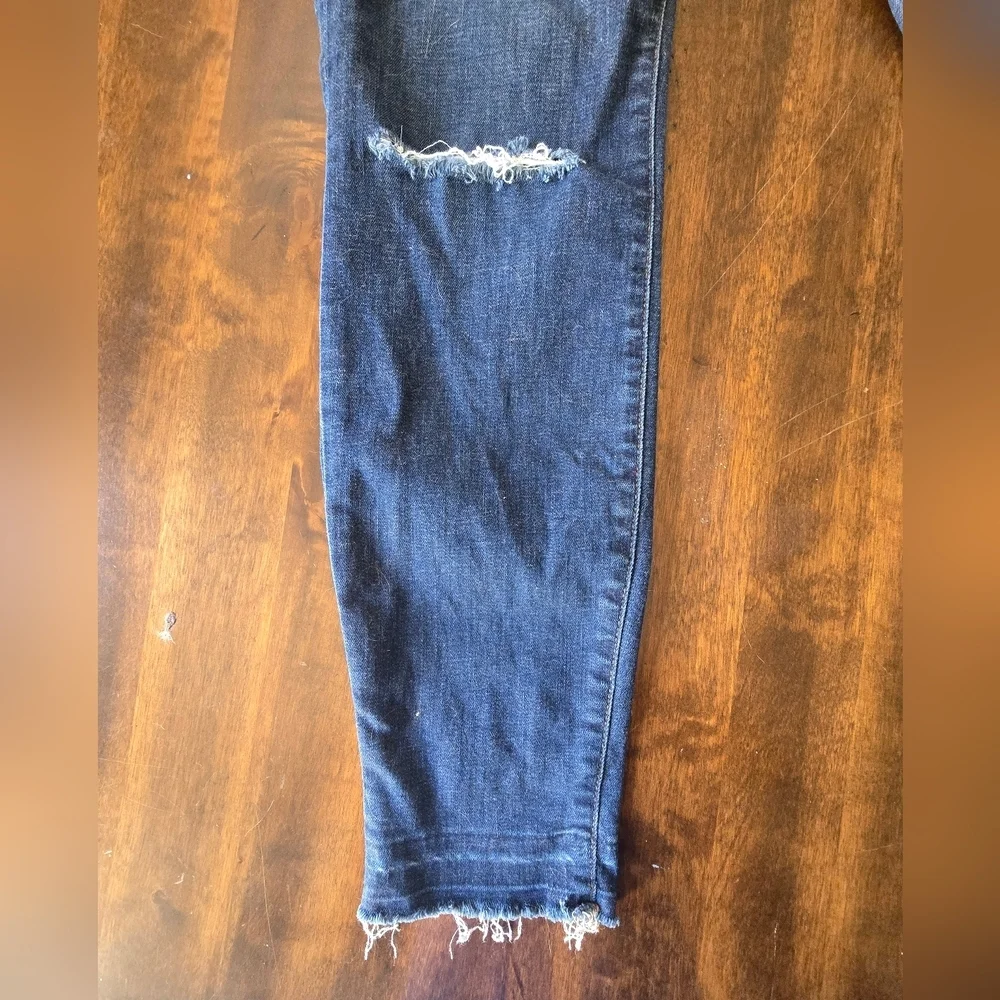J. Crew Dark Blue Toothpick Skinny Jeans with Distressed Knee And Hem