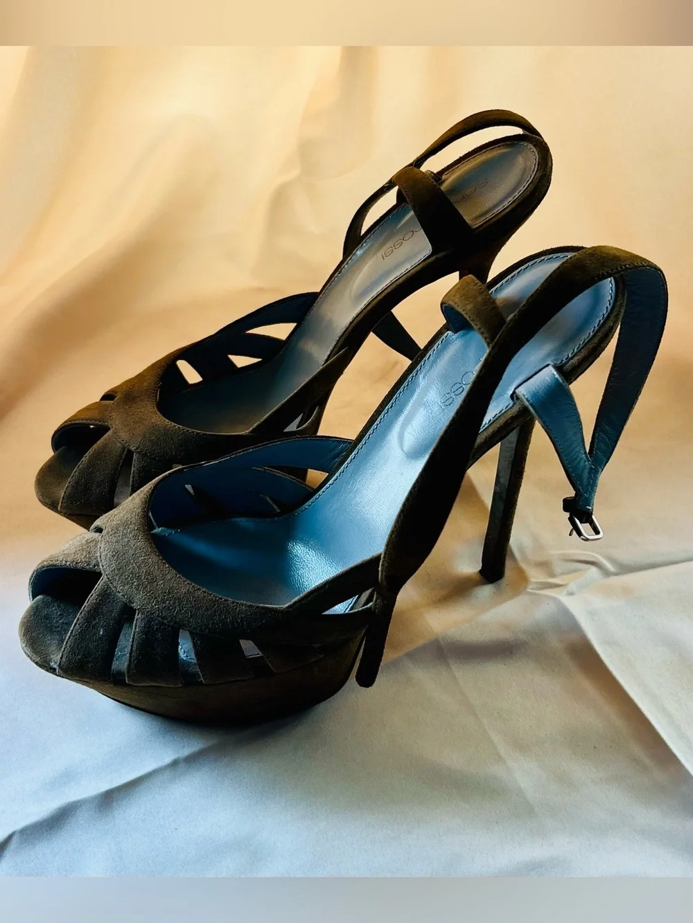 Sergio Rossi Olive Green Suede Peep-Toe Slingback Sandals