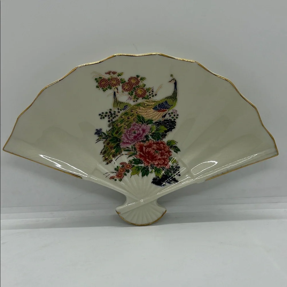 Vintage Japanese Porcelain Fan Trinket Dish Peacock W/ Flowers Scalloped Edge