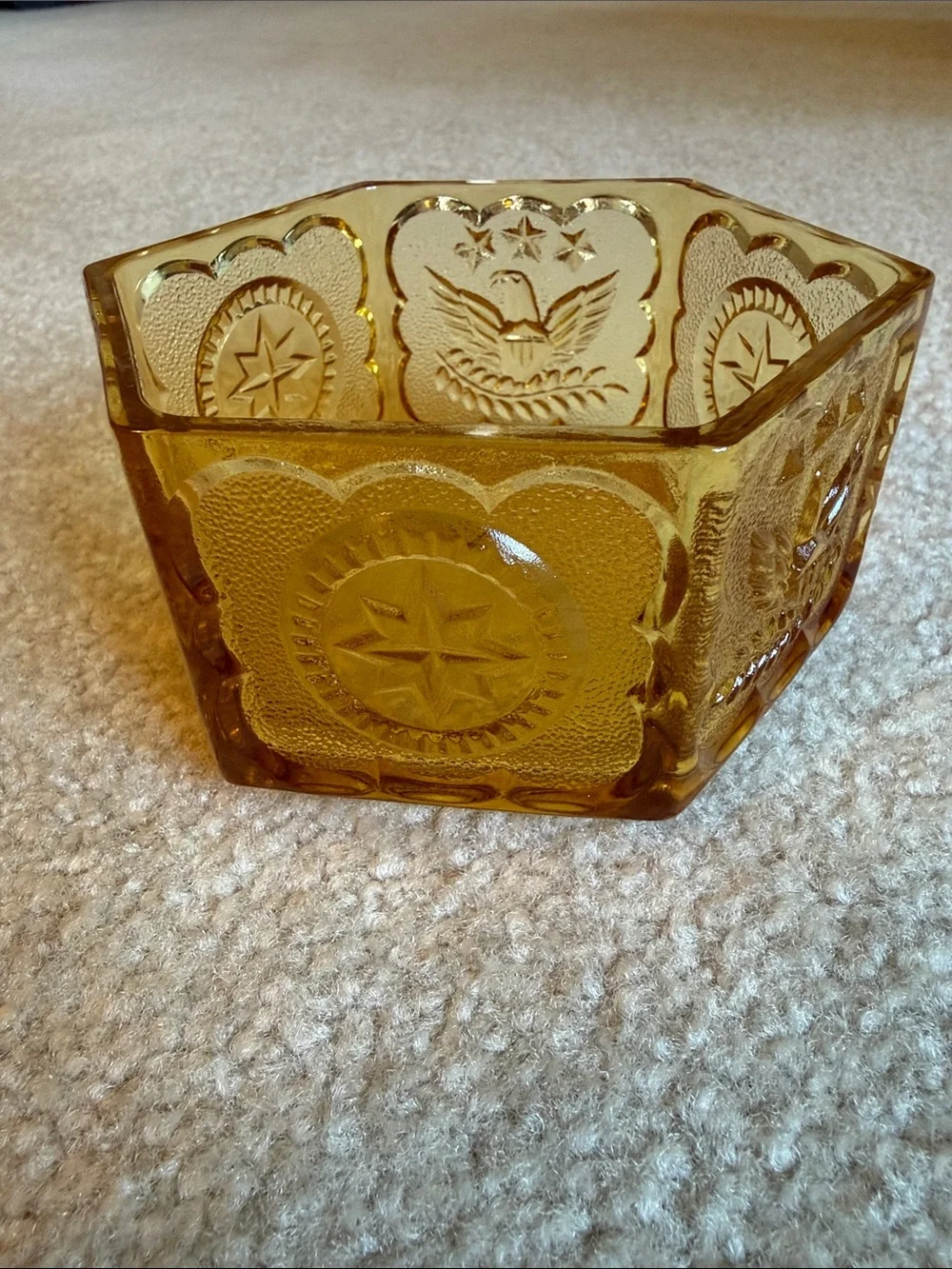 Vintage Indiana Glass Amber TIARA EXCLUSIVES Commemorative Eagle and stars