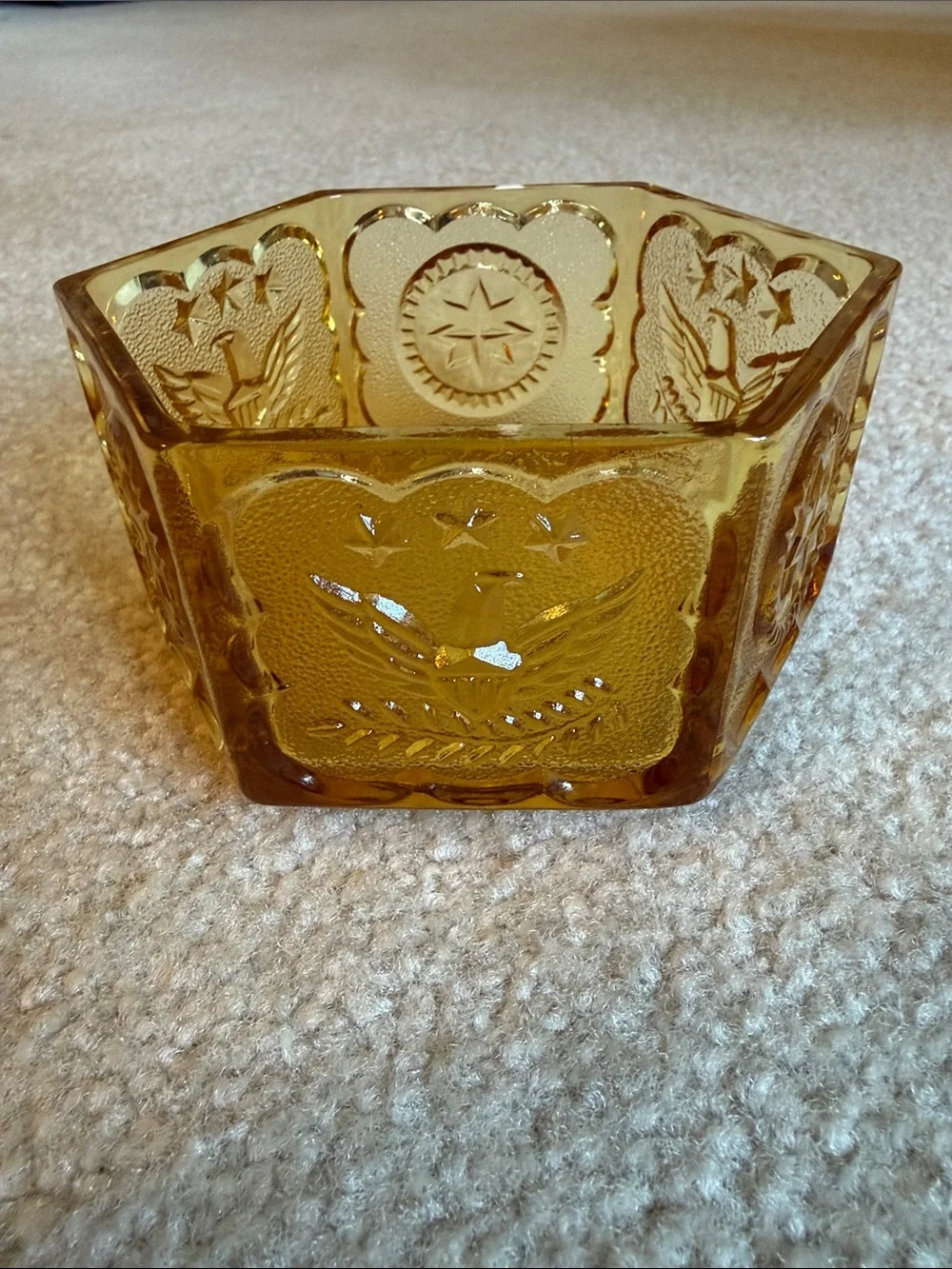 Vintage Indiana Glass Amber TIARA EXCLUSIVES Commemorative Eagle and stars
