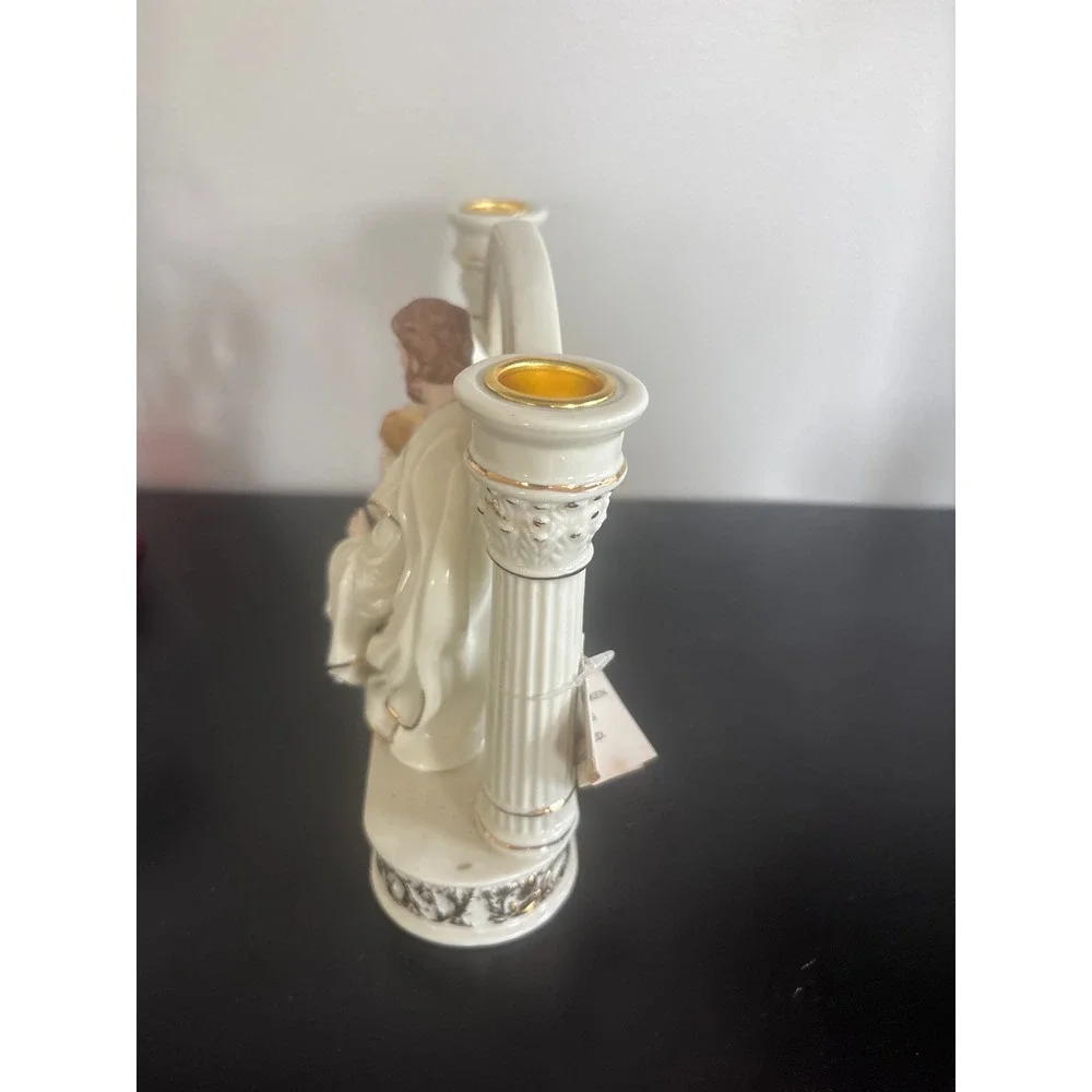 Vintage Holy Family Nativity Ceramic Double Taper Candle Holder Cream Gold