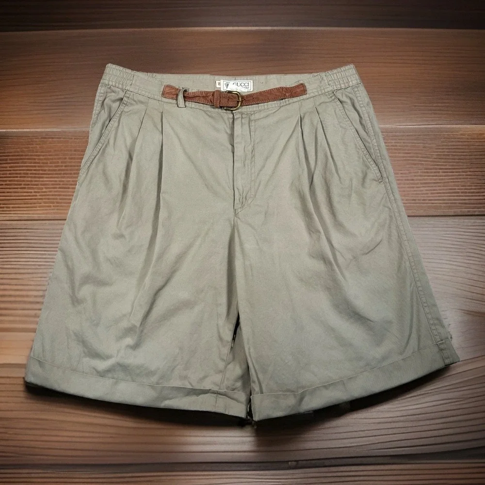 Rare Vintage 90's Gucci Pleated Shorts Men 50 Built-In Suede Belt 100% Cotton