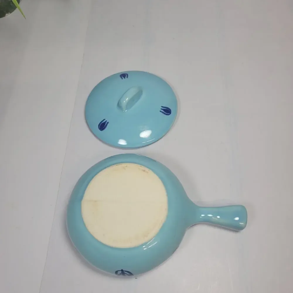 Vintage Cronin Cameron Blue Tulip Individual Casserole Dish with Lid, 1950s MCM