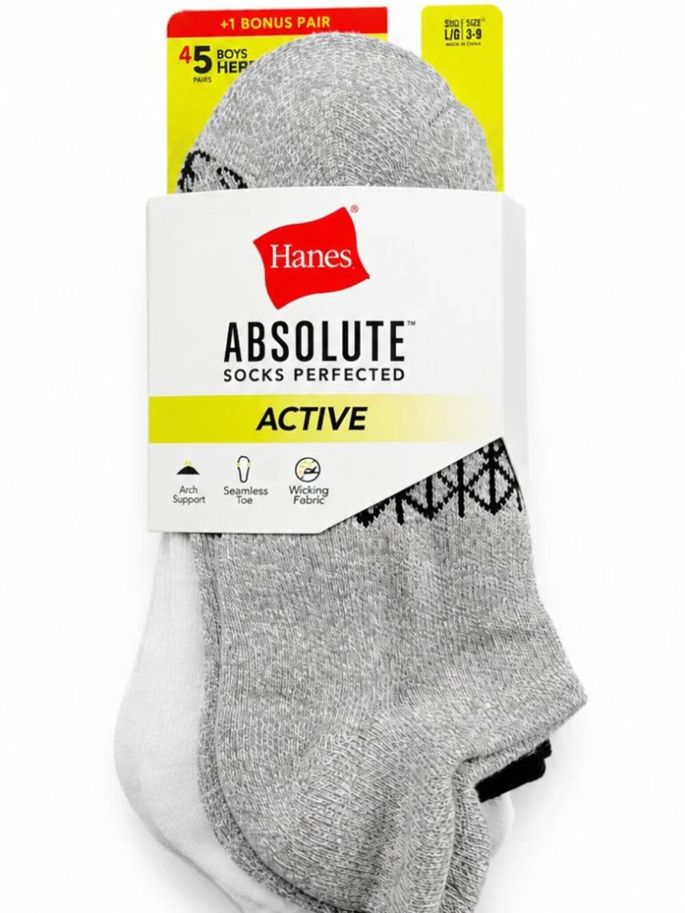 Hanes Absolute Active Boys Heel Shield Cushioned Socks 5 Pair Sz L 3-9 Gray NWT