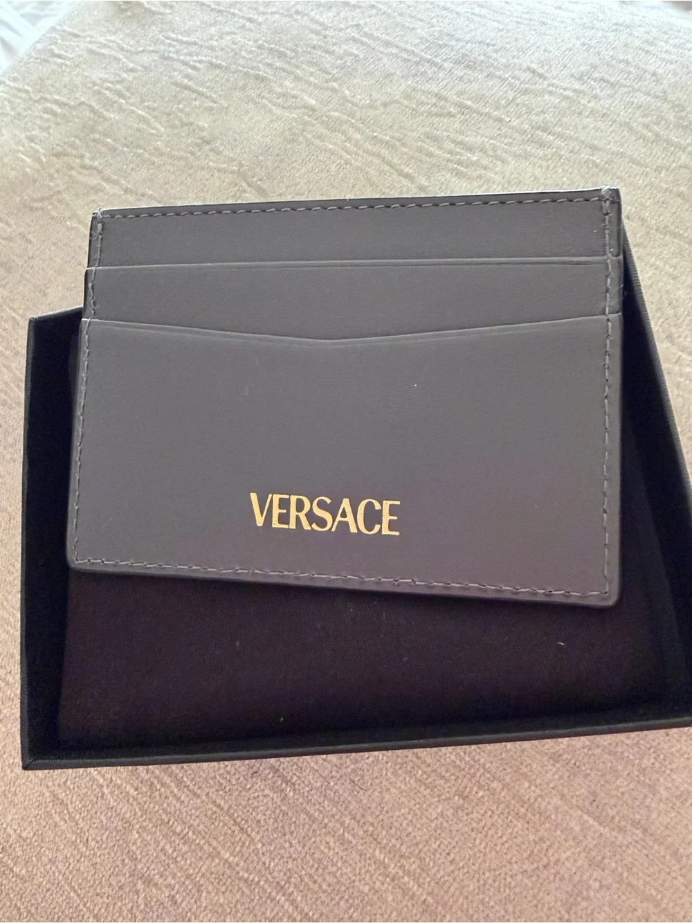 Versace Black Leather Card Holder with Signature Gold Medallion