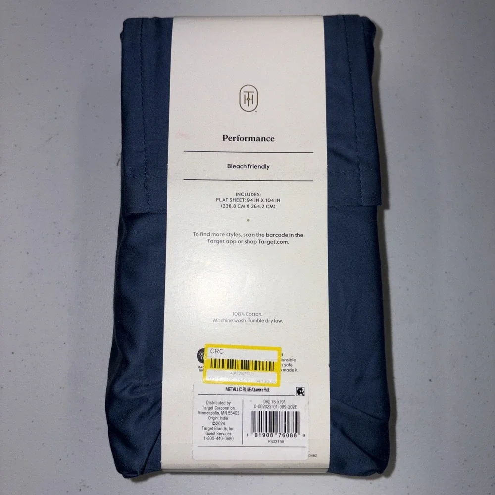 Threshold Performance 100% Cotton Sateen QUEEN Flat Sheet Blue 400 TC Smooth