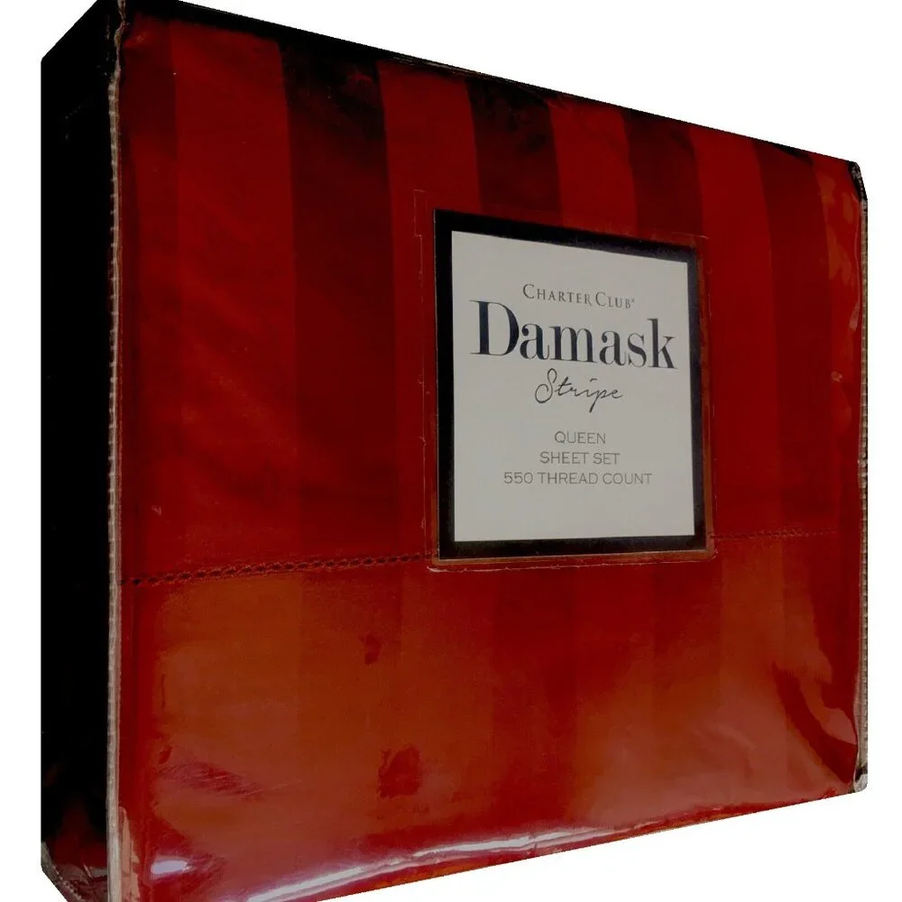 new Charter Club Damask Stripe 550 TC 100% Cotton QUEEN Sheet Set in POMEGRANATE
