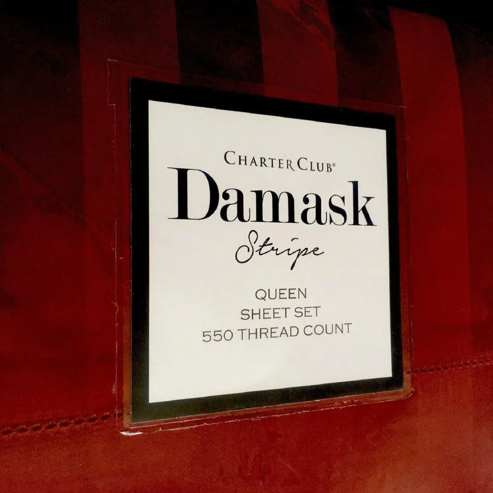 new Charter Club Damask Stripe 550 TC 100% Cotton QUEEN Sheet Set in POMEGRANATE