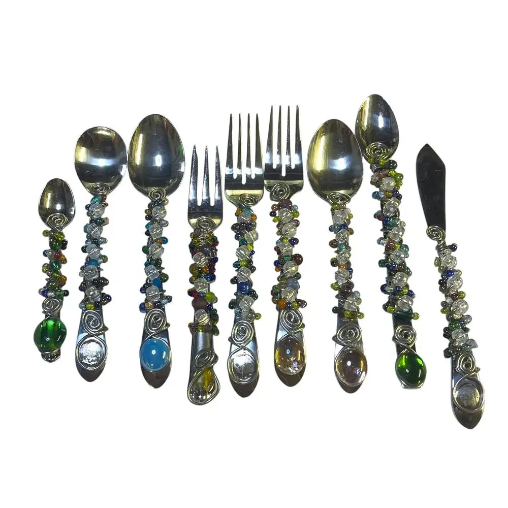 9 Pc Artisan Beaded Flatware Set Wire Wrapped Spoons Forks Knife
