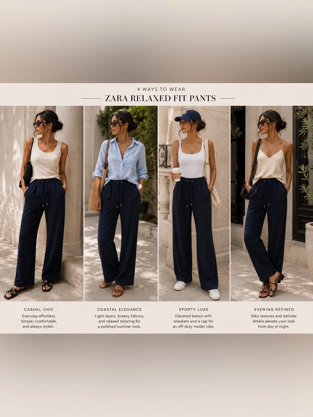 ZARA Navy Relaxed Drawstring Pants | Coastal Quiet Luxury Wide Leg Trousers