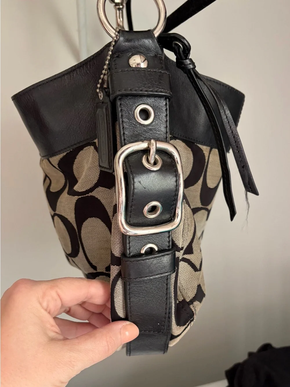 Coach Large Signature Canvas & Black Leather Hobo
