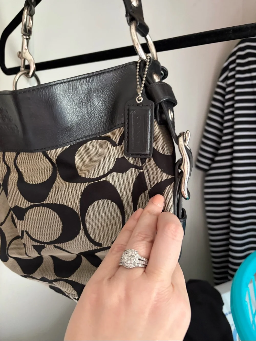 Coach Large Signature Canvas & Black Leather Hobo