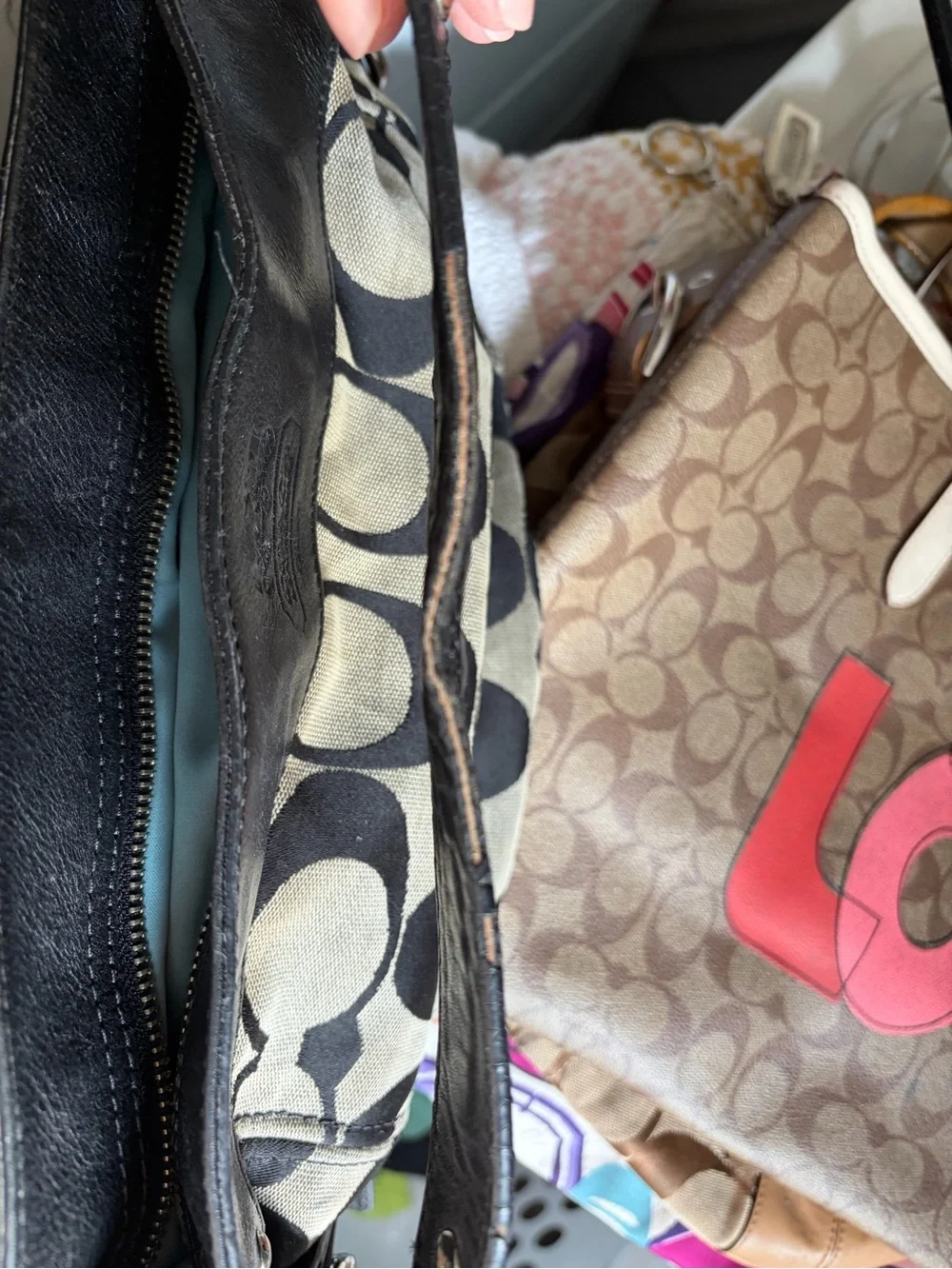 Coach Large Signature Canvas & Black Leather Hobo