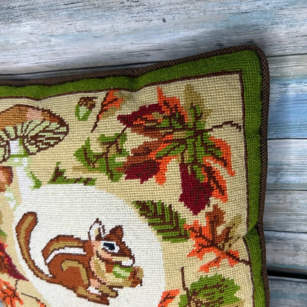 Vintage Needlepoint Pillow Chipmunk Fall Mushroom Leaves Handmade Retro 70s 80s‎