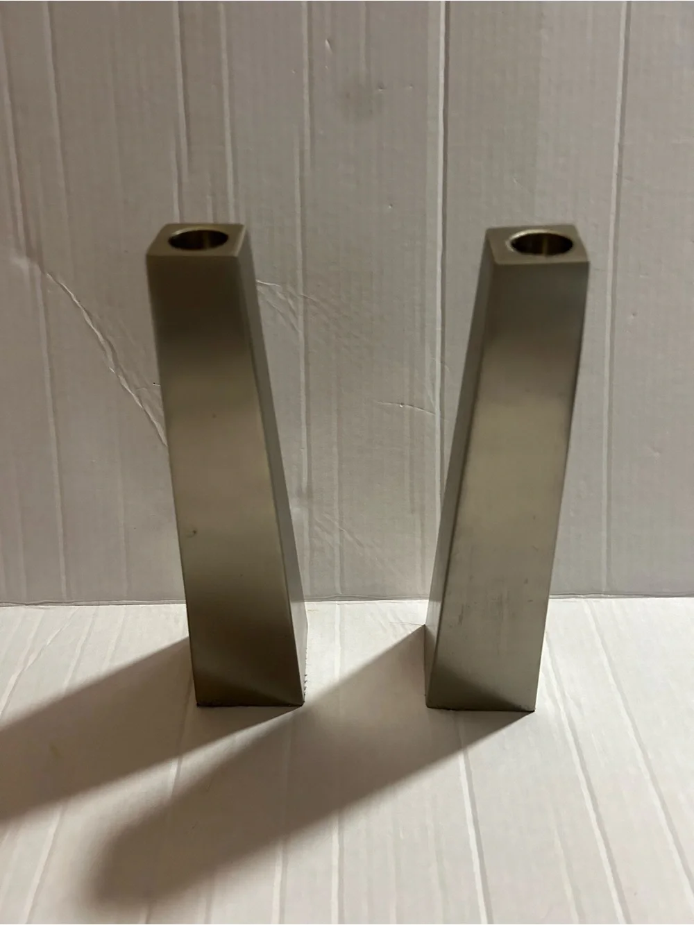 Pottery Barn Brushed Silver Metal Tapered Candlestick Holders Pair 10” Modern