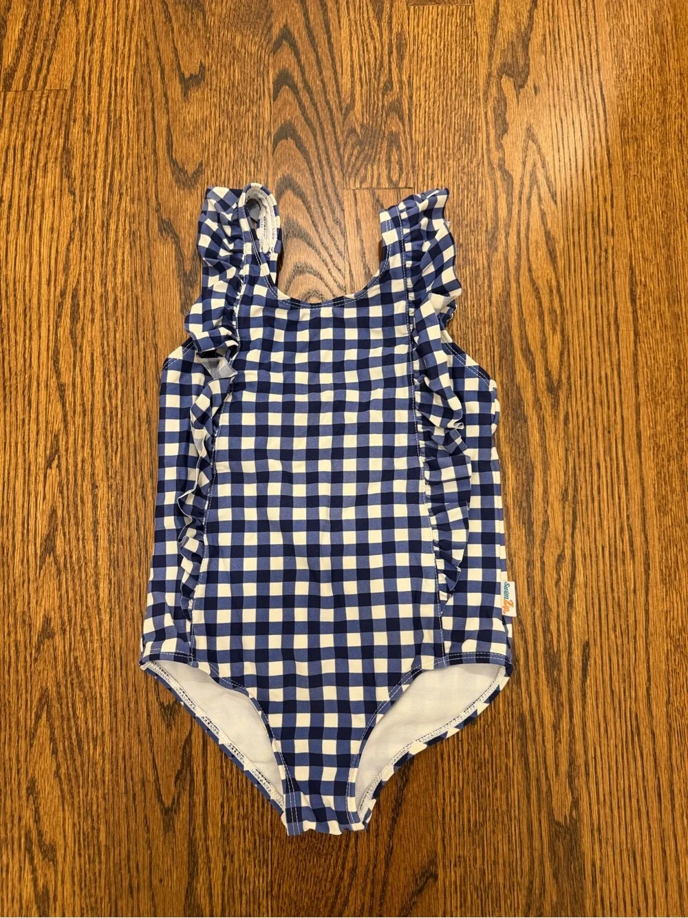 Girls Navy Blue and White Gingham Ruffle One-Piece Swimsuit