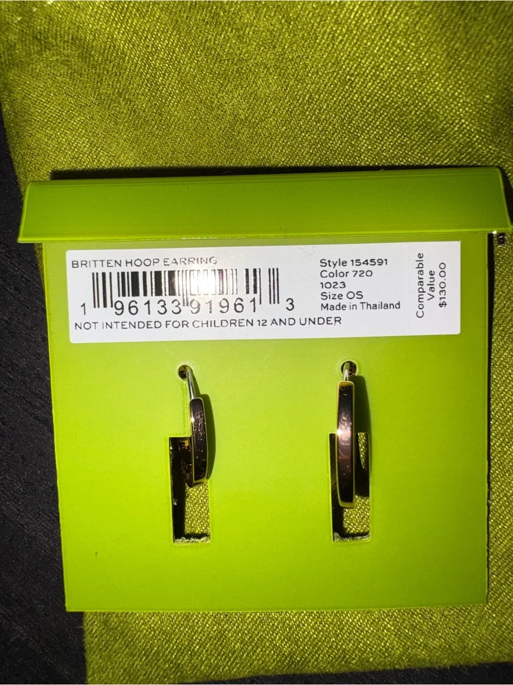Tory Burch BRITTEN HOOP EARRING Gold Logo Hoop Earrings with Lime Green Pouch