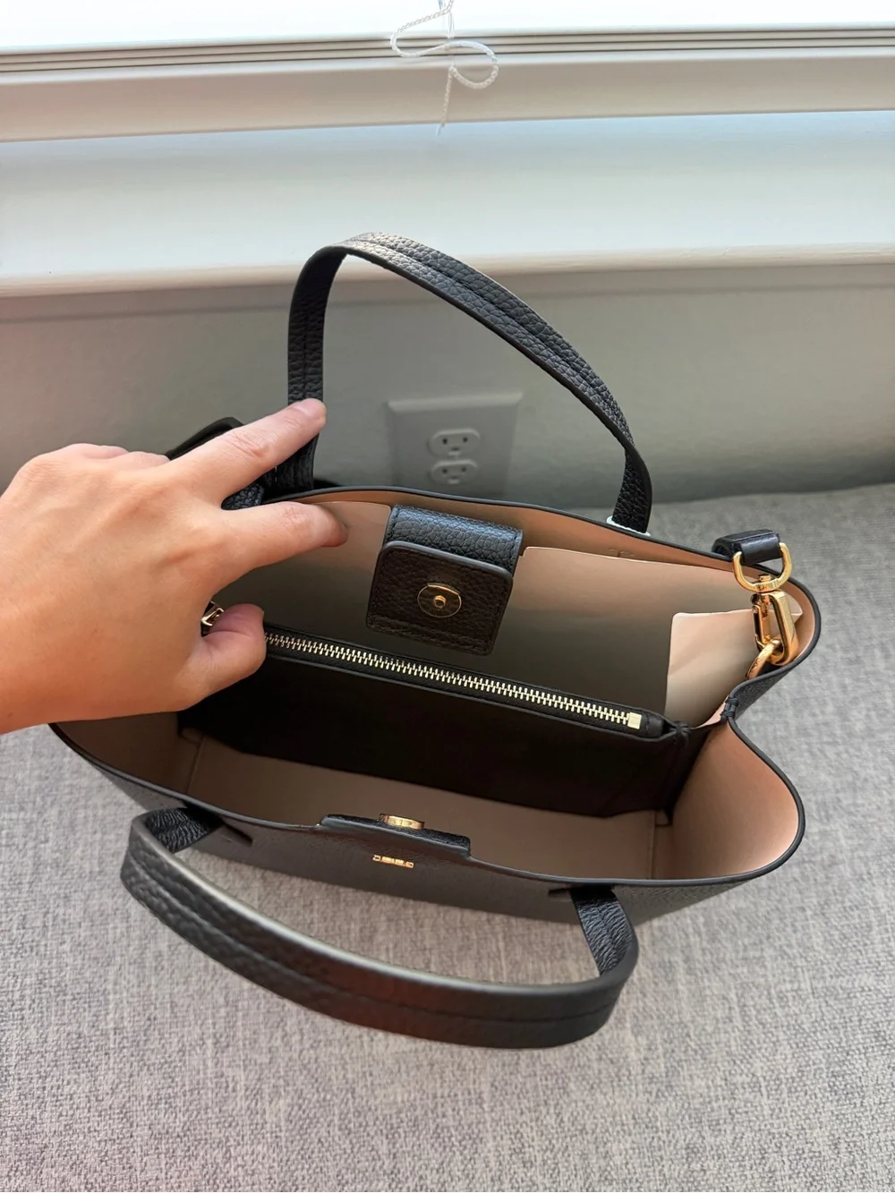 Tory Burch Black Pebbled Leather Tote with Gold Accents
