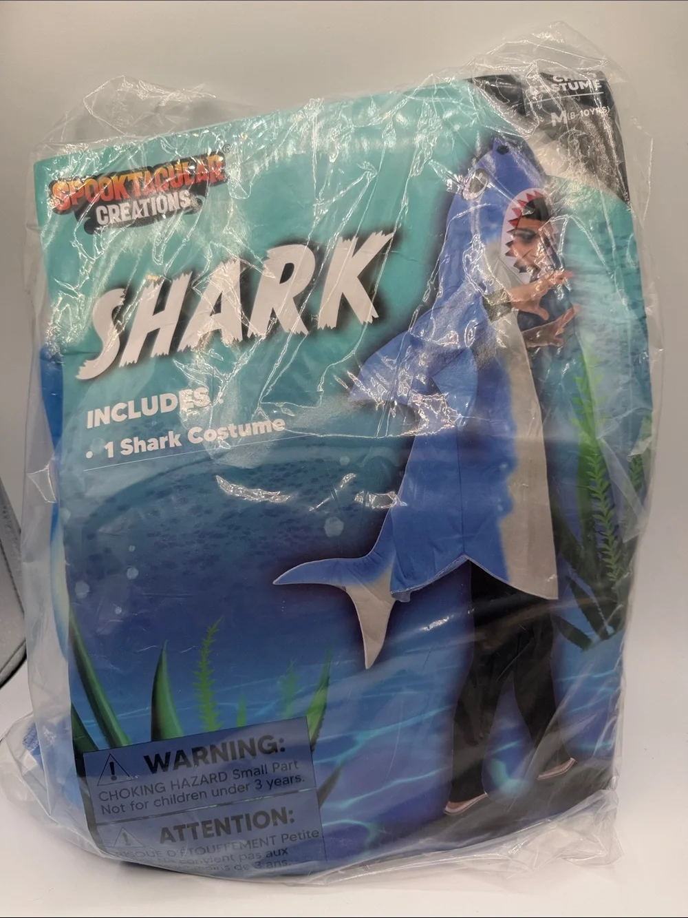 New kids shark costume M Face Open Halloween shark week trick-or-treat sz 8-10 y