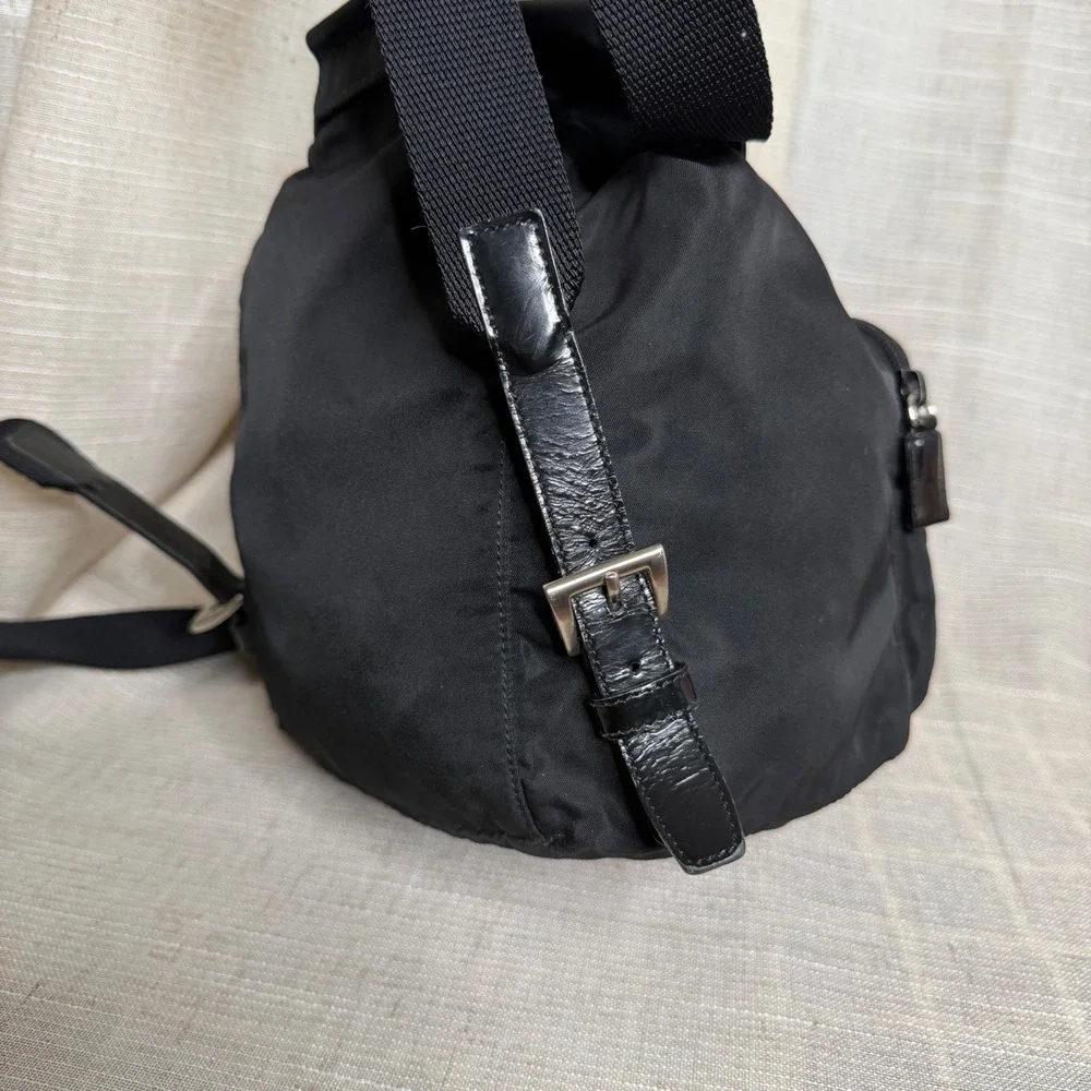 Prada Vela Mini Backpack Chinch Tessuto Nylon Leather Trim Triangle Logo Black