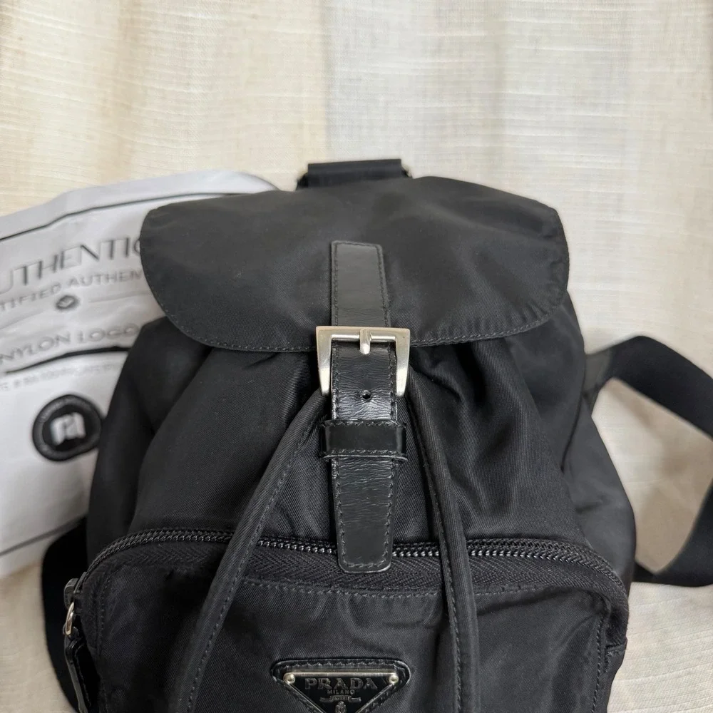 Prada Vela Mini Backpack Chinch Tessuto Nylon Leather Trim Triangle Logo Black