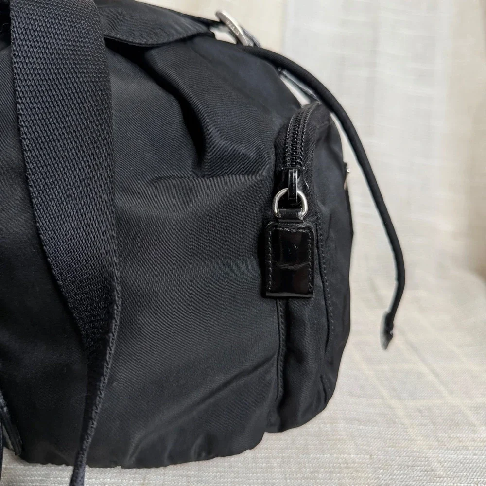 Prada Vela Mini Backpack Chinch Tessuto Nylon Leather Trim Triangle Logo Black