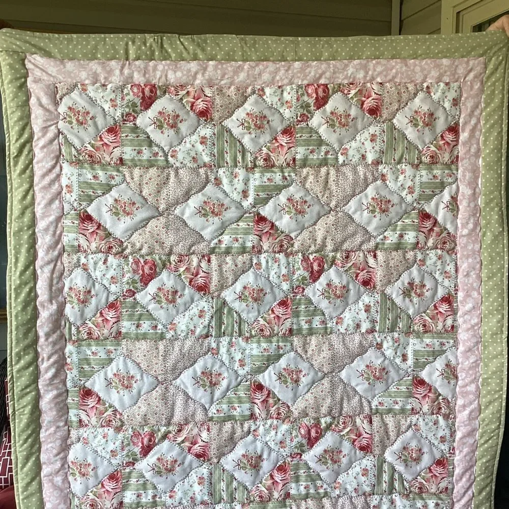 NWT Hand Crafted Floral Patchwork of Roses Quilt - Pink s and Greens