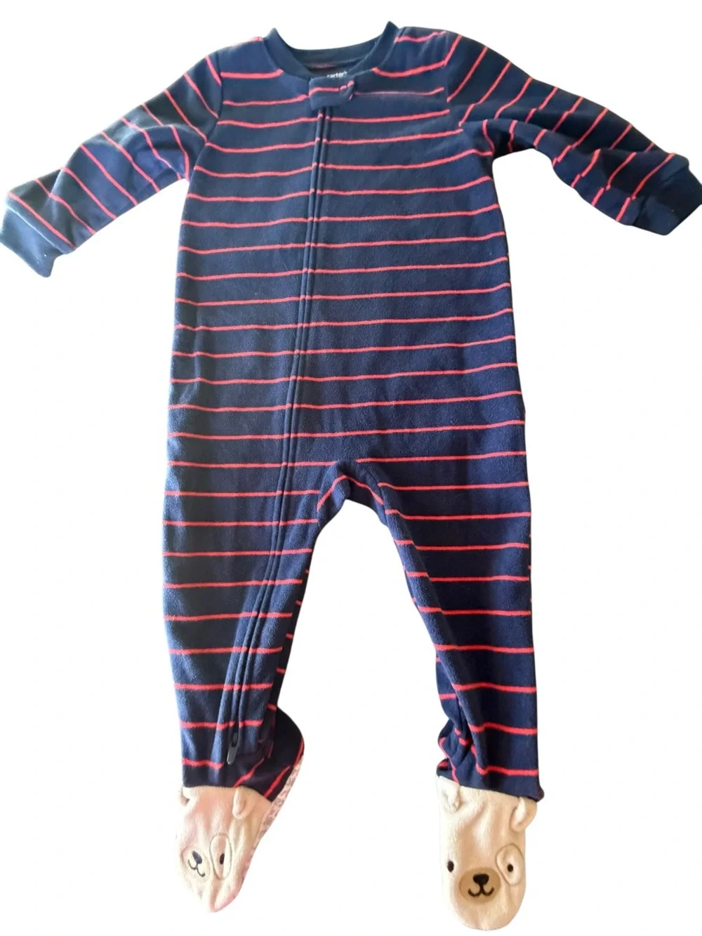 Carter’s Navy Blue Red Stripe Fleece Bear Footed Zip Sleeper Pajamas 18M