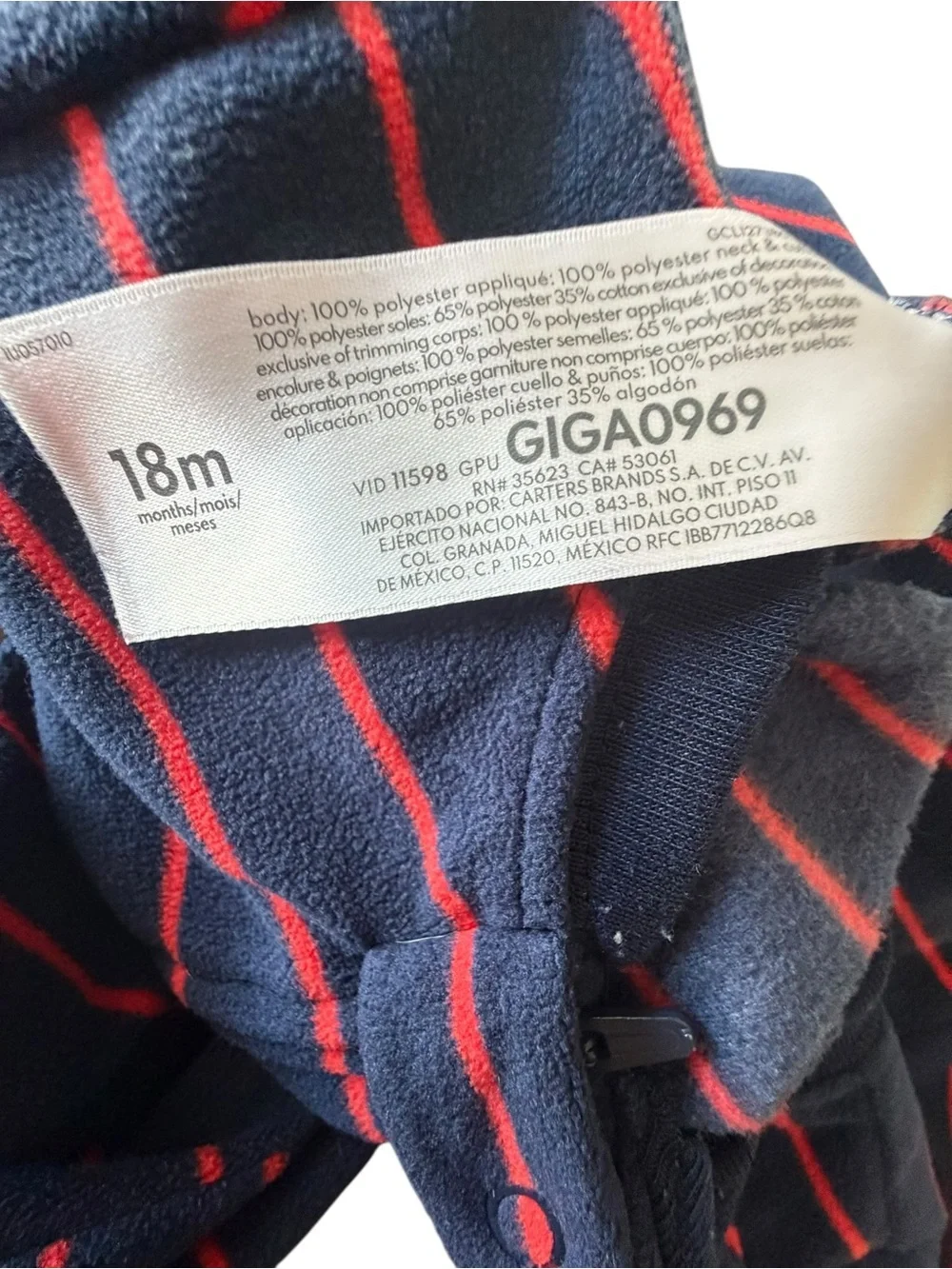 Carter’s Navy Blue Red Stripe Fleece Bear Footed Zip Sleeper Pajamas 18M