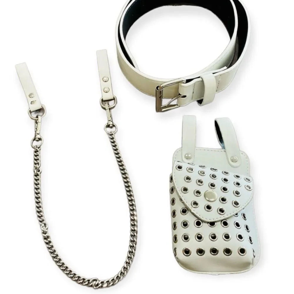 White Studded Mini Bag & Chain Belt - Gothic Y2K Streetwear Utility Pouch NWT